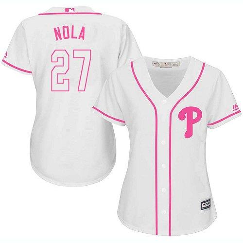 Phillies #27 Aaron Nola White/Pink Fashion Women's Stitched MLB Jersey - Click Image to Close